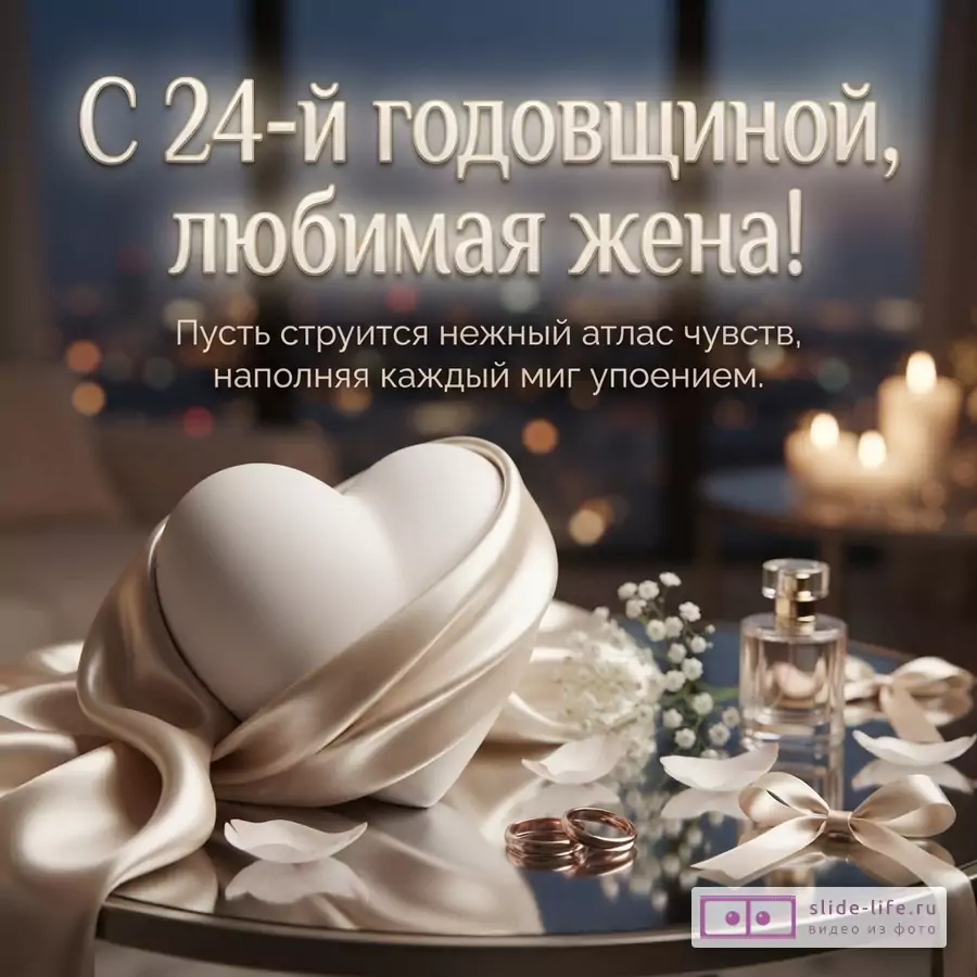 Тёмный фон с огнями и свечами, белое сердце в атласных лентах, цветы и кольца. Текст: «С 24-й годовщиной, любимая жена!» «Пусть струится нежный атлас чувств, наполняя каждый миг упоением.»