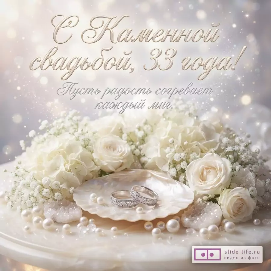 Светлый фон с боке, белые цветы, жемчуг, два обручальных кольца в ракушке. Текст «С Каменной свадьбой, 33 года! Пусть радость согревает каждый миг.»