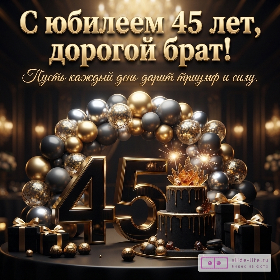 Черный фон, золотые и серые шары, цифры 45 черного цвета с золотым контуром, черный двухъярусный торт с золотой глазурью и свечами-фонтанами, черные подарочные коробки с золотыми лентами. Текст: «С юбилеем 45 лет, дорогой брат! Пусть каждый день дарит триумф и силу.»