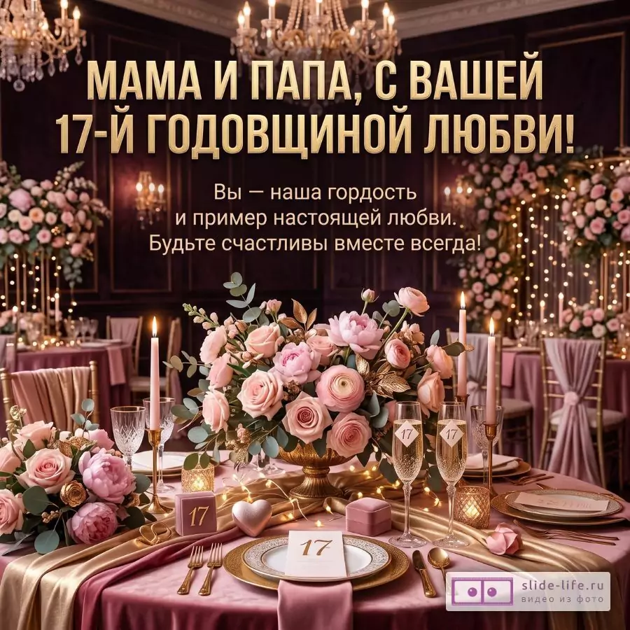 «МАМА И ПАПА, С ВАШЕЙ 17-Й ГОДОВЩИНОЙ ЛЮБВИ! Вы — наша гордость и пример настоящей любви. Будьте счастливы вместе всегда!» Темно-бордовый фон, розово-золотой декор, цветы, свечи, стол, бокалы «17»