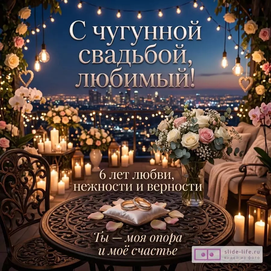 Синий вечерний фон города, гирлянды, свечи, букет, кованый столик с кольцами. «С чугунной свадьбой, любимый!», «6 лет любви, нежности и верности», «Ты — моя опора и моё счастье»
