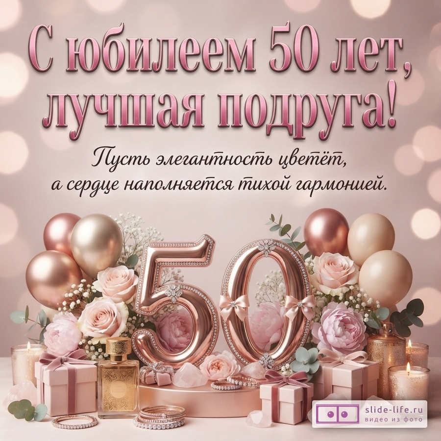 Открытка с розовым фоном боке, розовыми и золотыми шарами, цветами, подарками, свечами и цифрами «50». Текст: «С юбилеем 50 лет, лучшая подруга! Пусть элегантность цветёт, а сердце наполняется тихой гармонией.»