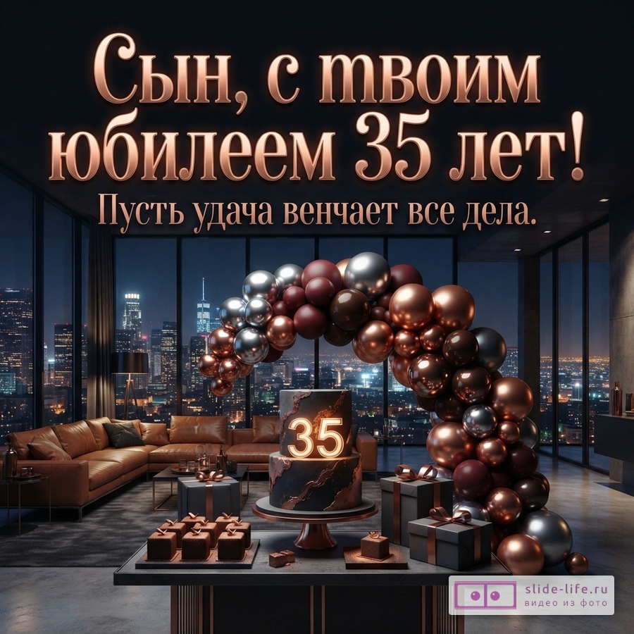 Праздничный торт с цифрой 35, воздушные шары и подарки в пентхаусе с видом на ночной город и надпись «Сын, с твоим юбилеем 35 лет! Пусть удача венчает все дела.»