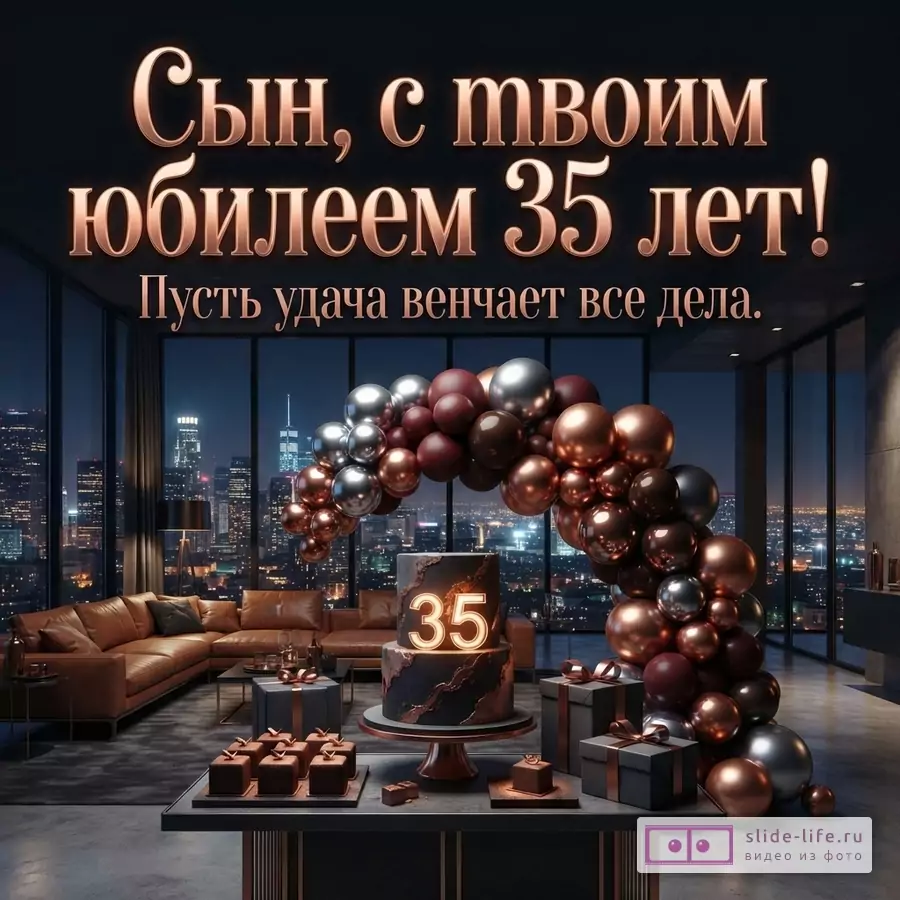 Праздничный торт с цифрой 35, воздушные шары и подарки в пентхаусе с видом на ночной город и надпись «Сын, с твоим юбилеем 35 лет! Пусть удача венчает все дела.»