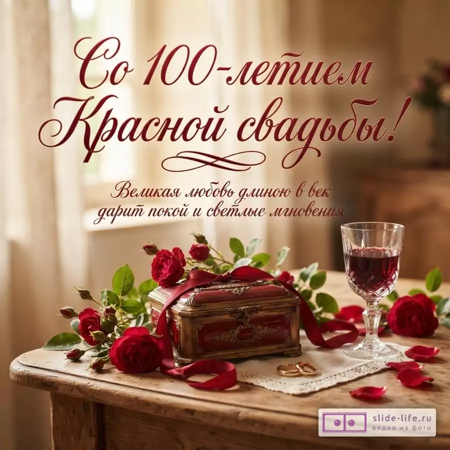 Деревянный стол с красной шкатулкой, розами, бокалом вина и обручальными кольцами. Текст: «Со 100-летием Красной свадьбы! Великая любовь длиною в век дарит покой и светлые мгновения».