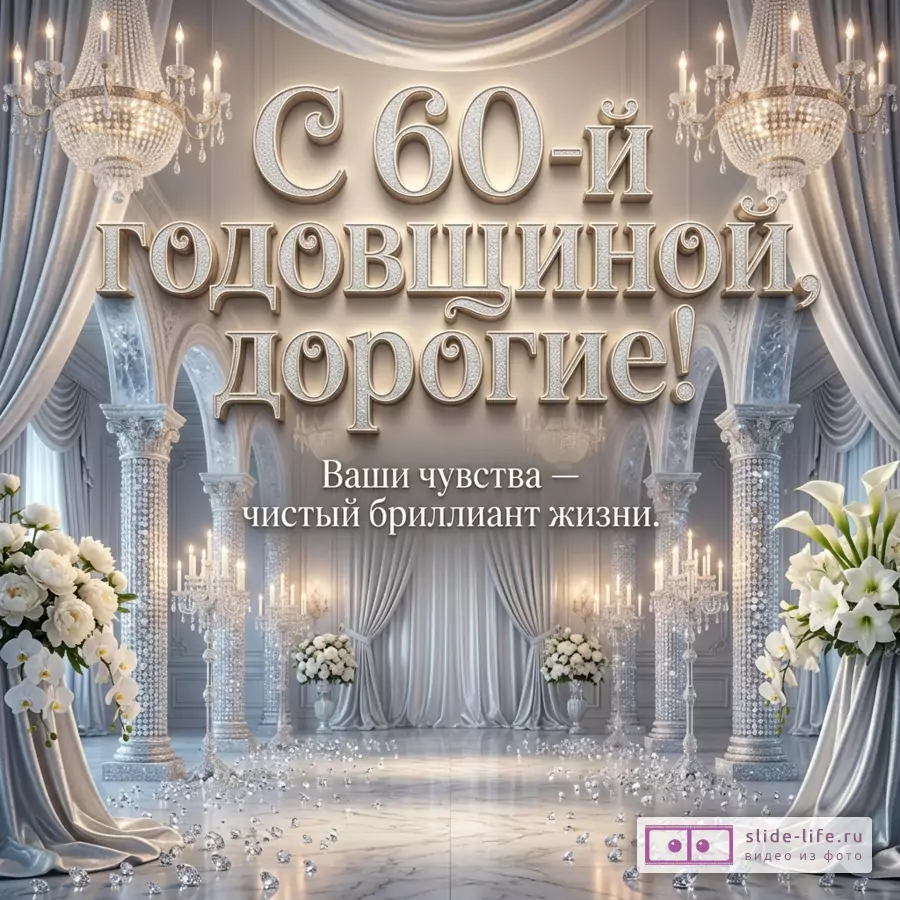 Светло-серая и серебристая открытка с драпировками, люстрами, колоннами, белыми цветами и текстом «С 60-й годовщиной, дорогие! Ваши чувства — чистый бриллиант жизни.»