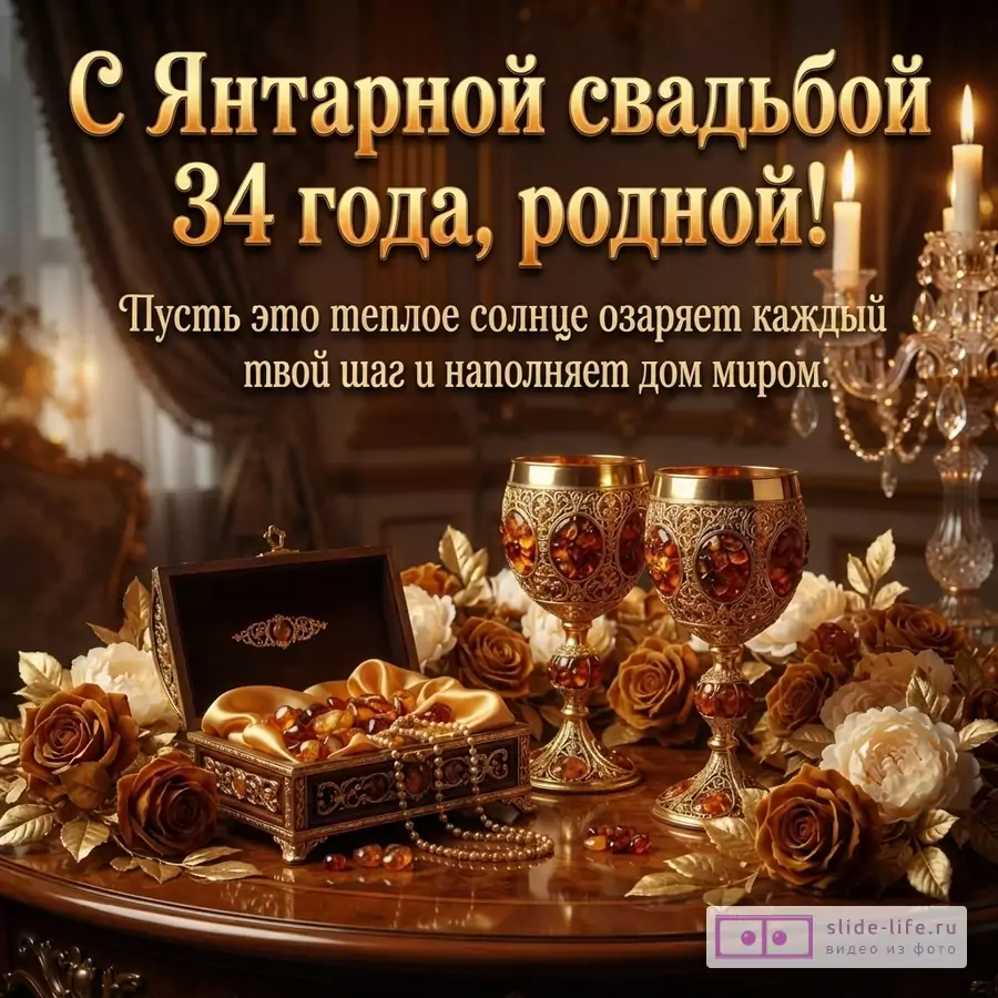 Открытка с золотым фоном, на которой изображены две золотые чаши с янтарными вставками, открытая шкатулка с янтарными украшениями, золотые розы и свечи. Текст: «С Янтарной свадьбой 34 года, родной! Пусть это теплое солнце озаряет каждый твой шаг и наполняет дом миром:»