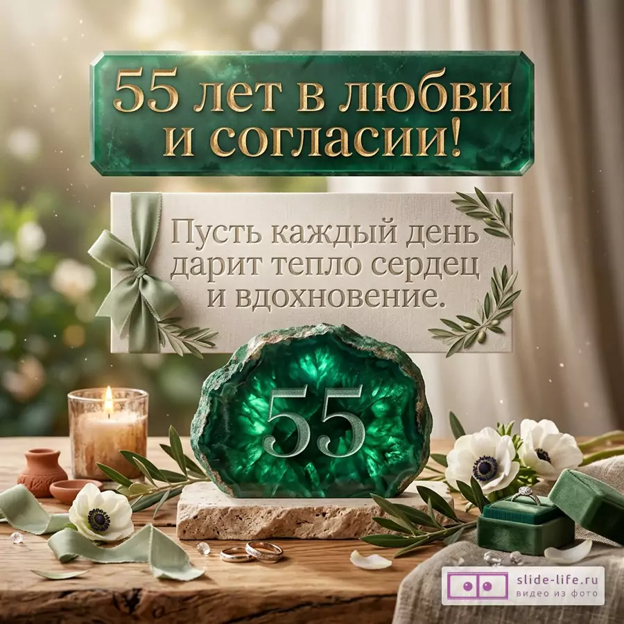 Открытка с зеленой мраморной табличкой и камнем, белый и бежевый фон, свеча, белые цветы, кольца, зеленая коробочка с кольцом, текст «55 лет в любви и гармонии! Пусть каждый день приносит тепло в сердца и вдохновение для долгих прогулок.»