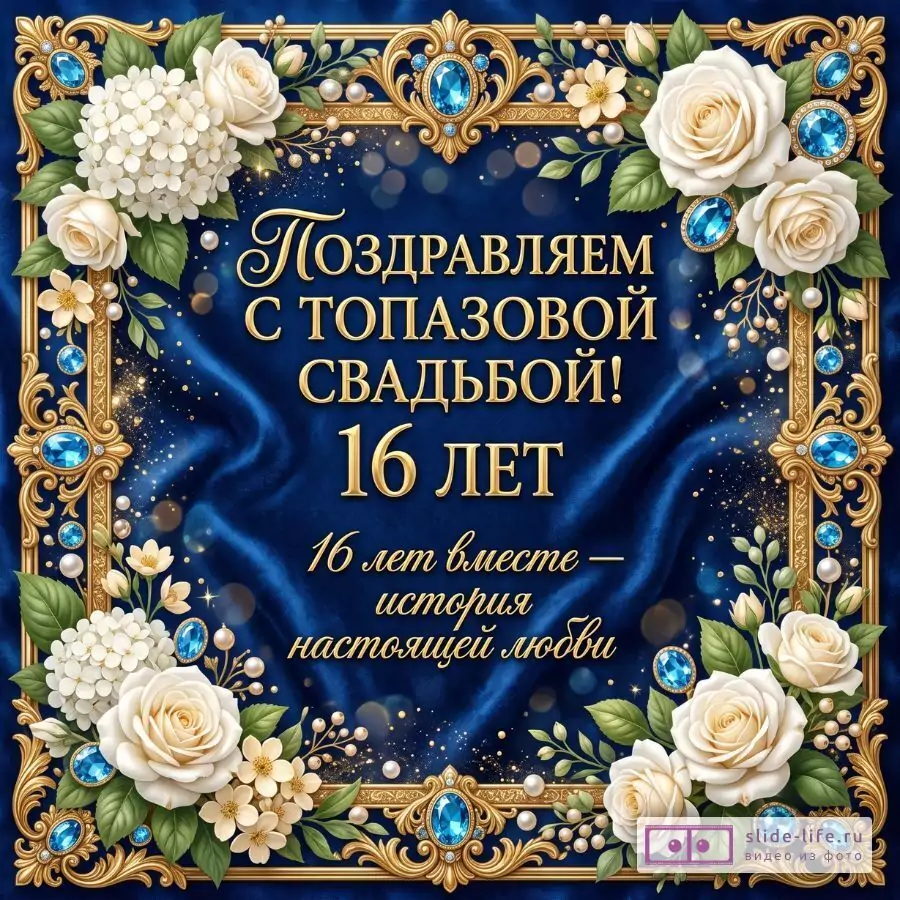 Темно-синий фон с золотой рамкой, белыми розами, жемчугом и голубыми топазами. Текст: «Поздравляем с топазовой свадьбой! 16 лет 16 лет вместе — история настоящей любви»