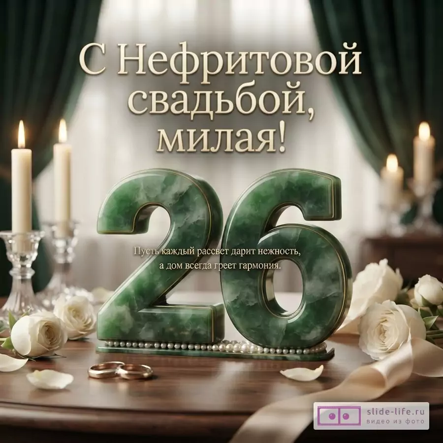 Нефритовая цифра 26, белые розы, обручальные кольца и свечи на деревянном столе с текстом «С Нефритовой свадьбой, милая! Пусть каждый рассвет дарит нежность, а дом всегда греет гармония.»