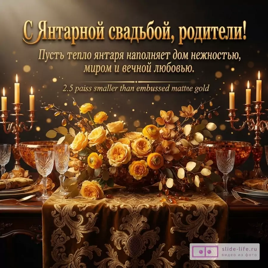 Темный фон, золотые свечи, янтарные цветы, бокалы. Текст: «С Янтарной свадьбой, родители! Пусть тепло янтаря наполняет дом нежностью, миром и вечной любовью.»
