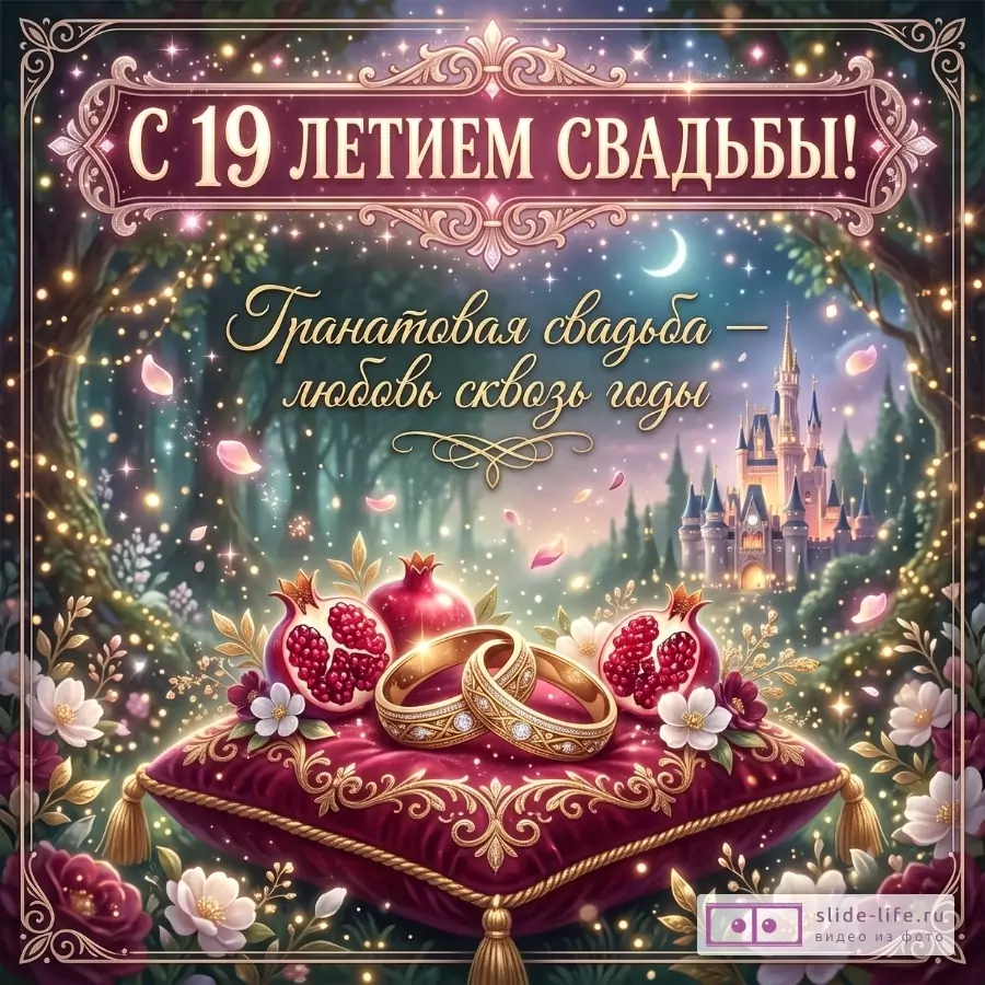 Темно-синий и сиренево-розовый фон с огнями, луной и замком, бордовая подушка с золотыми узорами, обручальные кольца, гранаты и цветы, текст «С 19 ЛЕТИЕМ СВАДЬБЫ!» и «Гранатовая свадьба — любовь сквозь годы»