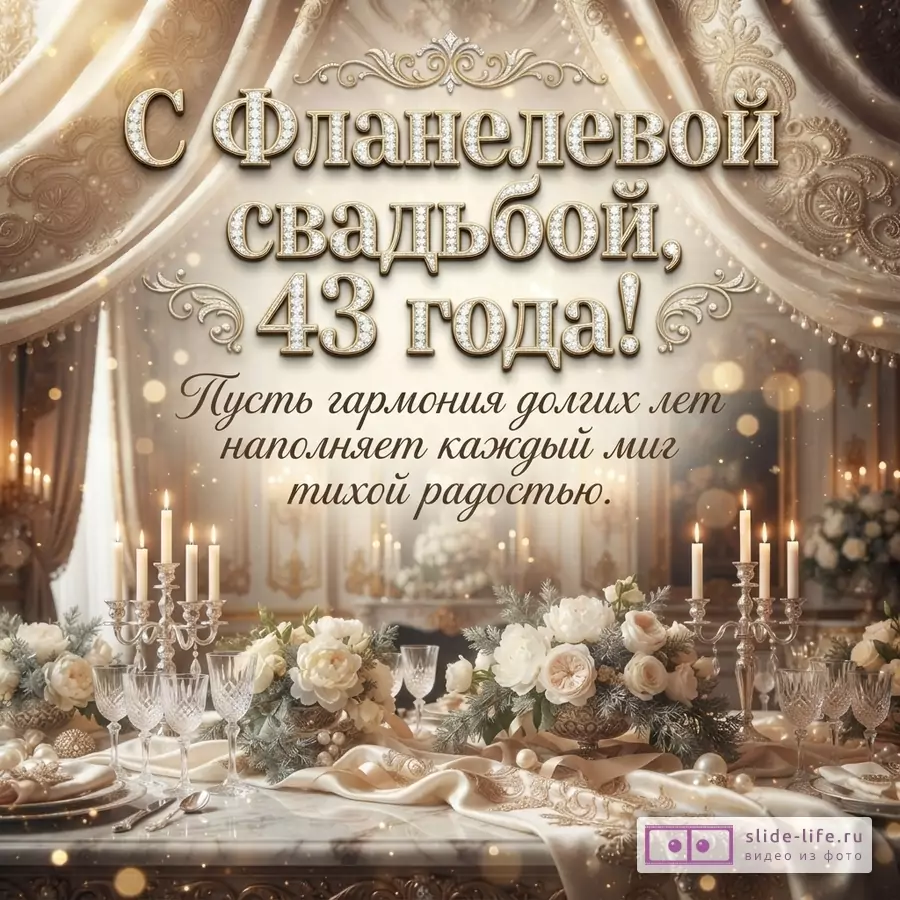 Открытка с бежевыми шторами, золотым орнаментом, свечами, цветами, бокалами. Текст: «С Фланелевой свадьбой, 43 года! Пусть гармония долгих лет наполняет каждый миг тихой радостью.»