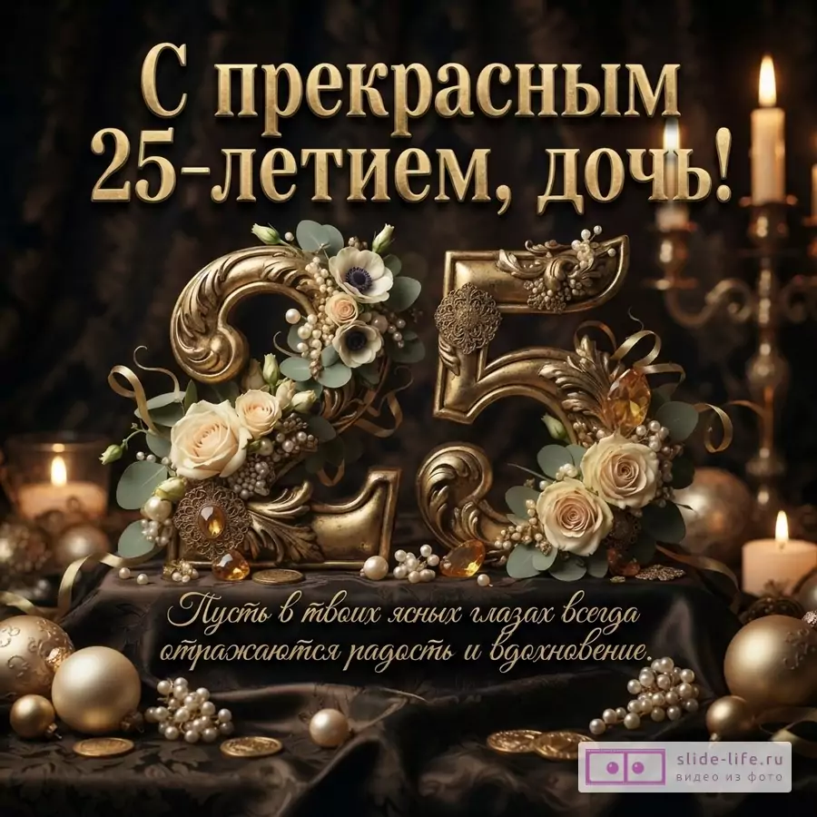 Объемная золотая цифра 25 с цветами и жемчугом на темном фоне со свечами, надпись: «С прекрасным 25-летием, дочь! Пусть в твоих ясных глазах всегда отражаются радость и вдохновение.»