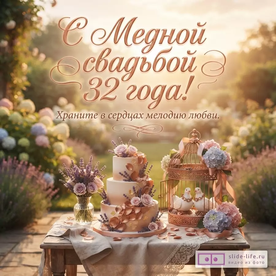Открытка с Медной свадьбой 32 года. Фон размытый сад, на переднем плане стол с тортом, клеткой с голубями, цветами. Текст «С Медной свадьбой 32 года! Храните в сердцах мелодию любви.»