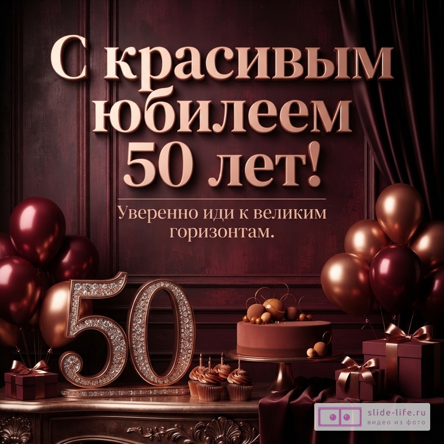 Открытка с юбилеем 50 лет. Фон темно-бордовый, имитирующий деревянную панель. В центре надпись «С красивым юбилеем 50 лет! Уверенно иди к великим горизонтам.». Внизу слева объемные цифры «50», украшенные стразами. Слева и справа связки бордовых и золотых шаров. Справа на столе шоколадный торт, кексы и подарочные коробки.