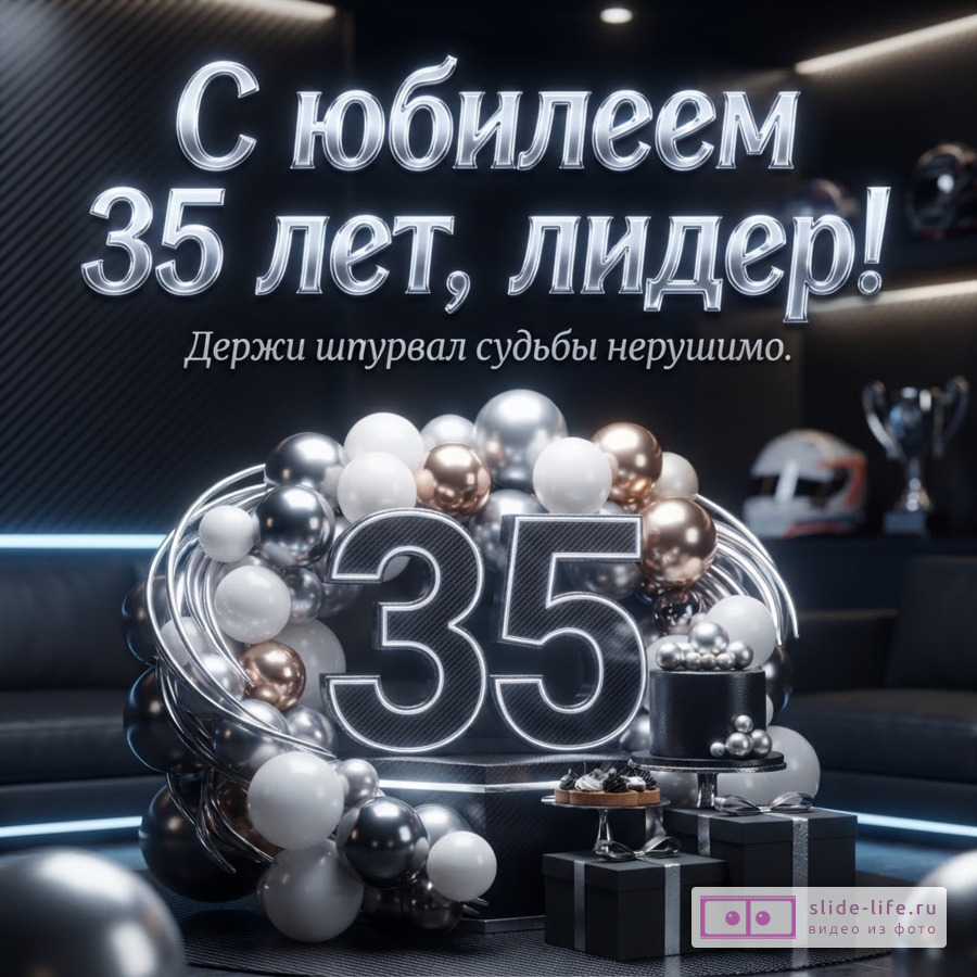 Объемная цифра 35 в окружении серебристых и белых шаров, подарков и торта с текстом «С юбилеем 35 лет, лидер! Держи штурвал судьбы нерушимо.» на темном фоне.