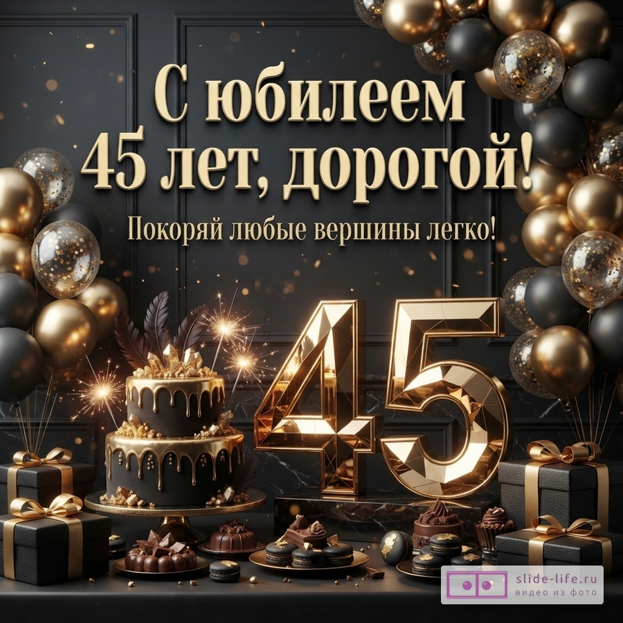 Черный фон, золотые и черные шары, золотые цифры 45, черный торт с золотым декором, подарки. Текст: «С юбилеем 45 лет, дорогой! Покоряй любые вершины легко!»