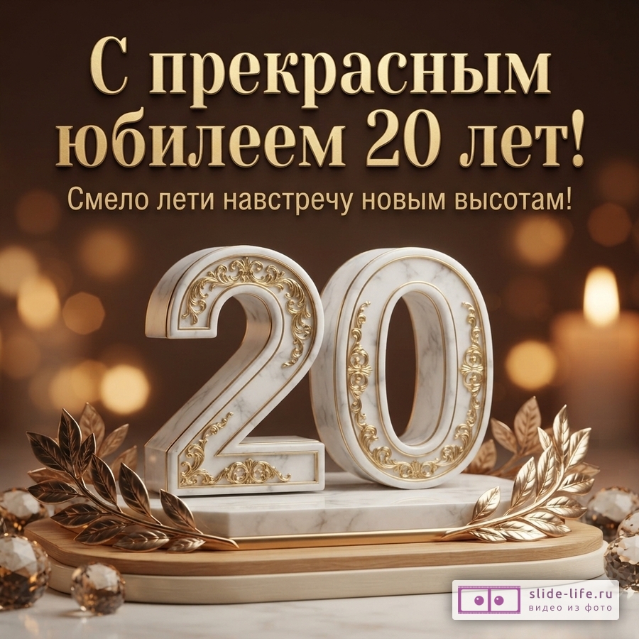 Коричневый фон, золотые буквы, белые цифры «20» с золотым орнаментом, золотые ветви, кристаллы. Текст: «С прекрасным юбилеем 20 лет! Смело лети навстречу новым высотам!»