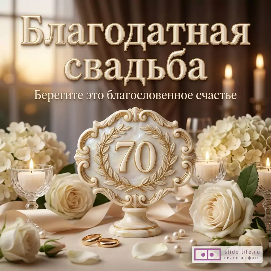 Белая и золотистая открытка с цветами, свечами, обручальными кольцами и декоративной табличкой с числом 70, текст «Благодатная свадьба» и «Берегите это благословенное счастье»
