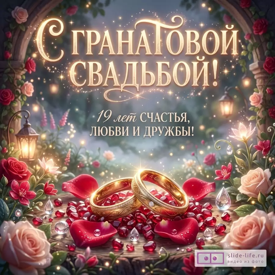 Темно-синий фон с золотым сиянием, цветами и фонарями, обручальные кольца на гранатовых зернах и лепестках. Текст: «С ГРАНАТОВОЙ СВАДЬБОЙ! 19 лет СЧАСТЬЯ, ЛЮБВИ И ДРУЖБЫ!»