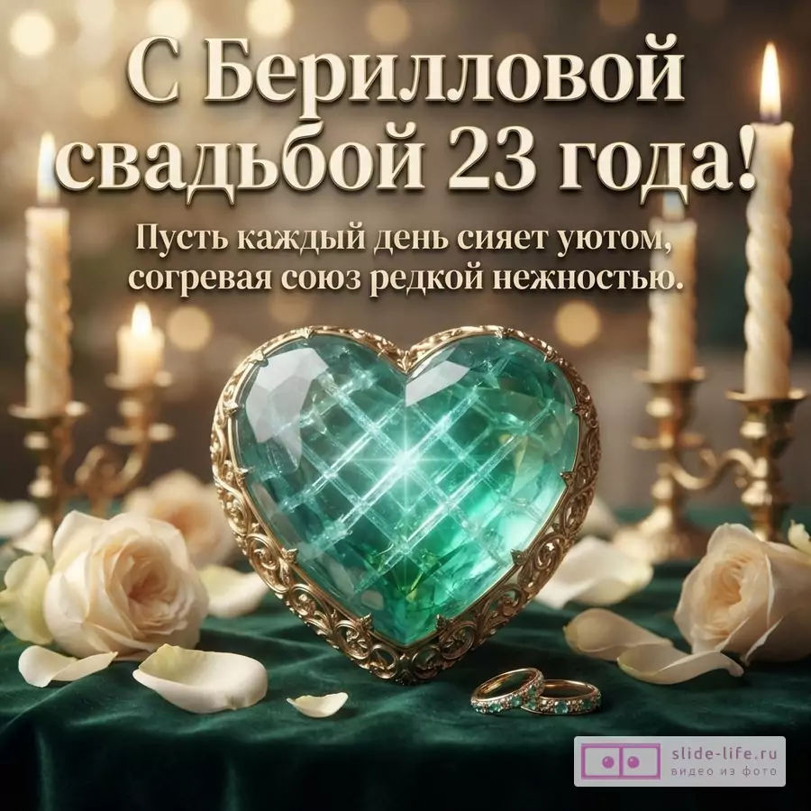 Изумрудное кристаллическое сердце в золотой оправе, обручальные кольца, свечи и лепестки на зеленом бархате с надписью «С Бериллиевой свадьбой 23 года! Пусть каждый день сияет уютом, согревая союз редкой нежностью.»
