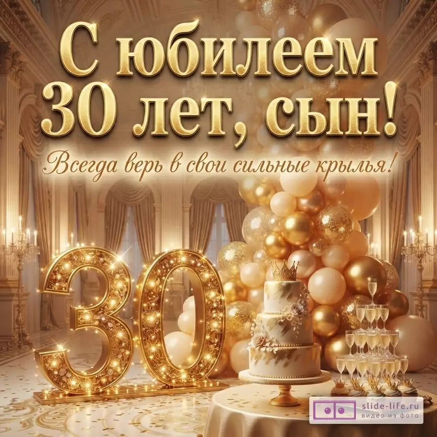 Золотистый зал с воздушными шарами, праздничным тортом и светящейся цифрой 30 с надписью «С юбилеем 30 лет, сын! Всегда верь в свои сильные крылья!»