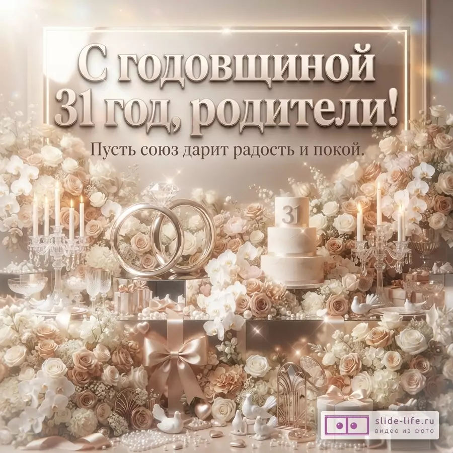 Бежево-золотая открытка с цветами, свечами, кольцами и тортом. Текст «С годовщиной 31 год, родители! Пусть союз дарит радость и покой.»