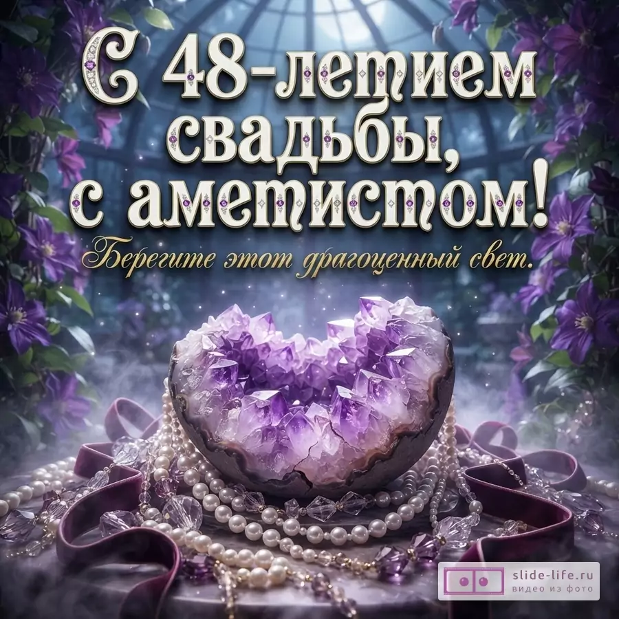 Фон сине-фиолетовый, по бокам фиолетовые цветы. В центре фиолетовый аметист, вокруг него жемчуг и фиолетовые ленты. Надпись: «С 48-летием свадьбы, с аметистом! Берегите этот драгоценный свет.»