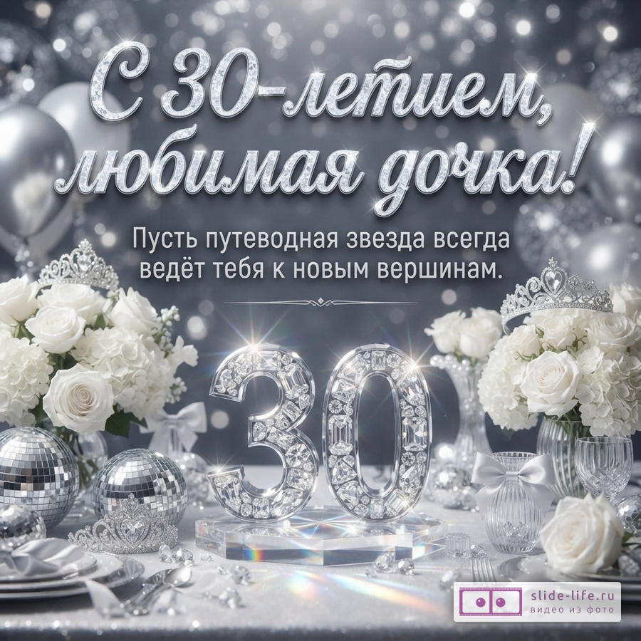 Серебристо-серый фон с белыми розами, коронами, шарами и цифрой 30. Текст: «С 30-летием, любимая дочка! Пусть путеводная звезда всегда ведёт тебя к новым вершинам.»