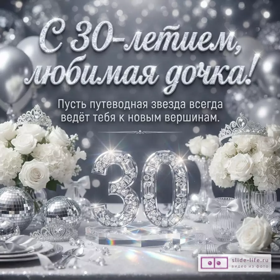 Серебристо-серый фон с белыми розами, коронами, шарами и цифрой 30. Текст: «С 30-летием, любимая дочка! Пусть путеводная звезда всегда ведёт тебя к новым вершинам.»