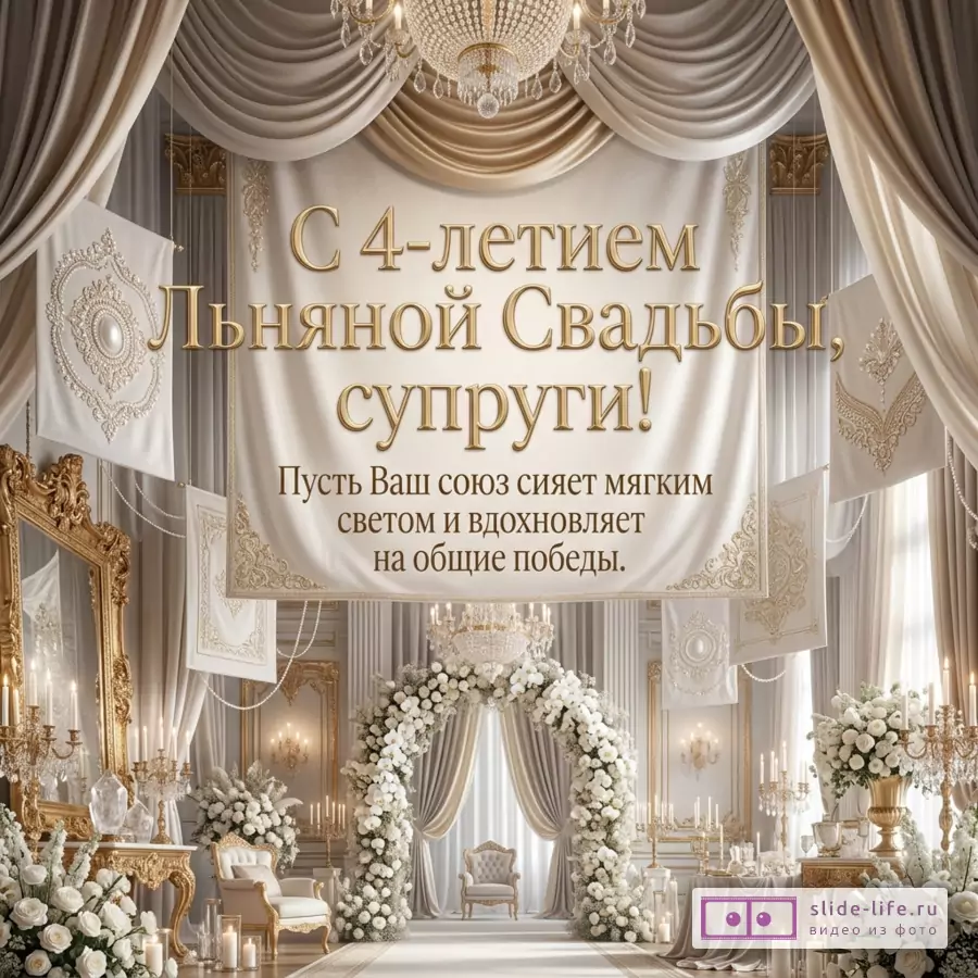 Бежево-золотой праздничный зал, драпировки, люстра, цветочные арки, свечи и баннер с текстом «С 4-летием Льняной Свадьбы, супруги! Пусть Ваш союз сияет мягким светом и вдохновляет на общие победы.»