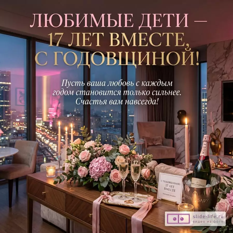 Розово-золотая праздничная сцена с вечерним городским видом, свечами, цветами и шампанским. Текст: «Любимые дети — 17 лет вместе, с годовщиной!»