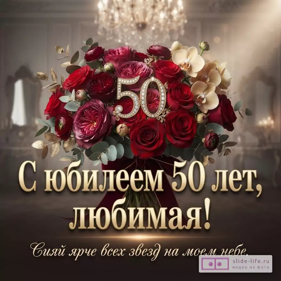 Букет красных роз и бежевых орхидей, цифра 50 из страз, фон размытого интерьера. Текст: «С юбилеем 50 лет, любимая! Сияй ярче всех звезд на моем небе.»