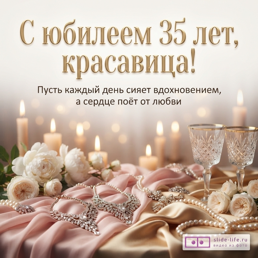 Букет белых и розовых роз с пионами, бокалы с шампанским, жемчужные украшения на золотом подносе и свечи. Надпись: «С юбилеем 35 лет, красавица! Пусть каждый день сияет вдохновением, а сердце поёт от любви.»