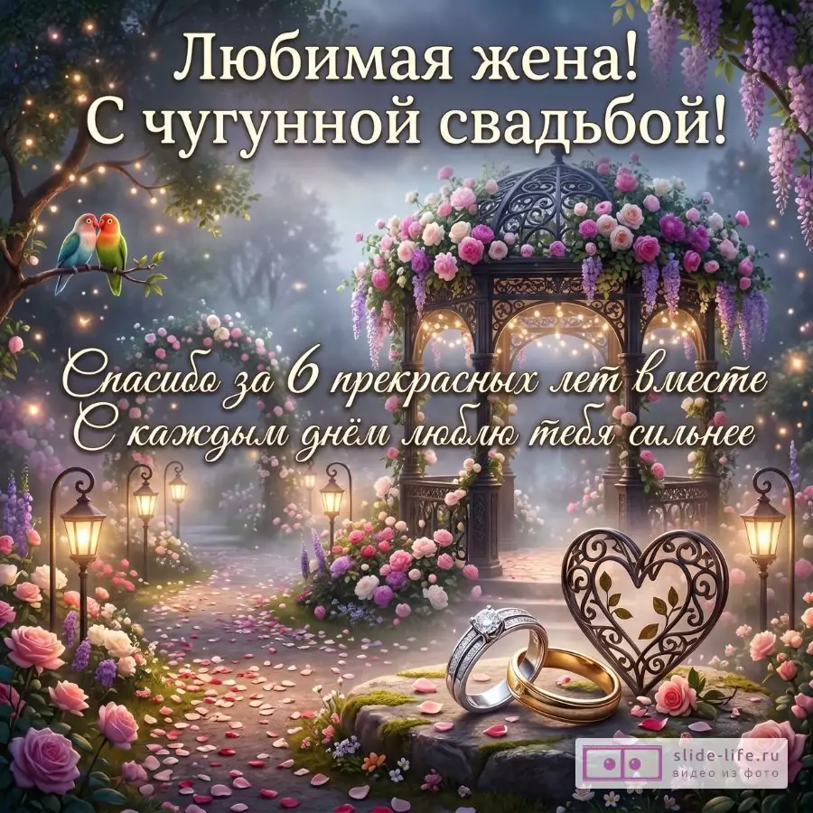 Трогательное поздравление жене на 6 годовщину свадьбы — открытка с чугунной свадьбой и признанием в любви