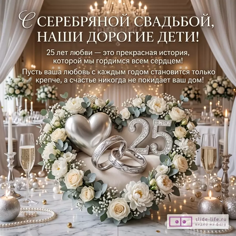 «С серебряной свадьбой, наши дорогие дети!» на бежево-золотом фоне, белые цветы и свечи, серебряное сердце, кольца и число 25, бокалы с шампанским.