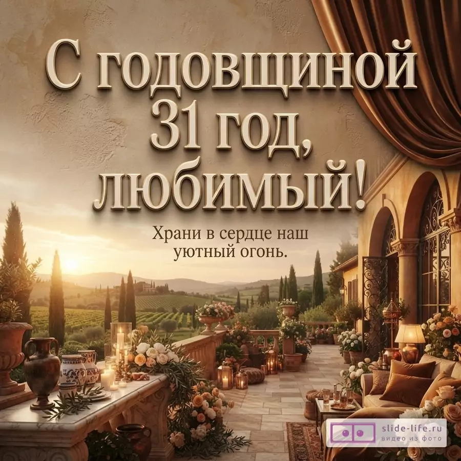 Тёплый интерьер террасы на закате, бежево-коричневые тона, цветы, свечи, диван и текст «С годовщиной 31 год, любимый! Храни в сердце наш уютный огонь.»