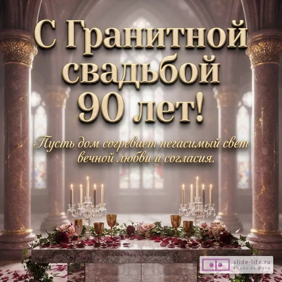 Гранитный стол со свечами и цветами на фоне колонн, золотая надпись «С Гранитной свадьбой 90 лет! Пусть дом согревает негасимый свет вечной любви и согласия.»