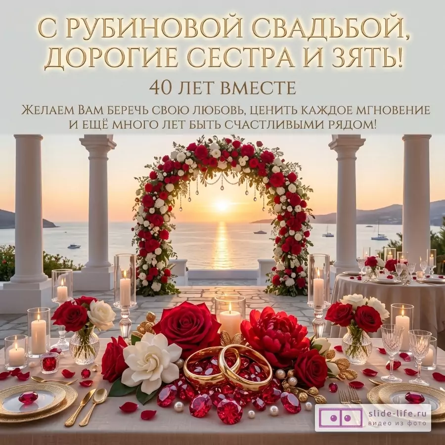 Светлый фон, морской закат, арка из красных и белых цветов, свечи, стол с розами, кольцами и лепестками. Текст: «С рубиновой свадьбой, дорогие сестра и зять! 40 лет вместе»