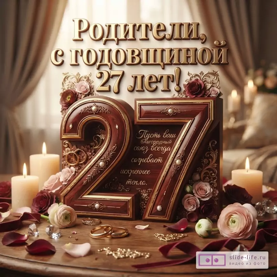 Фон бежевый, золотые буквы, цифры 27 из красного дерева, розы, свечи, кольца. Текст: «Родители, с годовщиной 27 лет! Пусть ваш благородный союз всегда согревает искреннее тепла.»