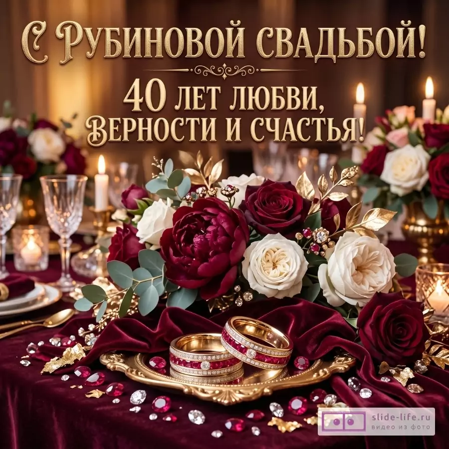 Бордовый праздничный фон, букет бордовых и белых роз, свечи, бокалы, золотые кольца с рубинами на подносе. Текст: «С РУБИНОВОЙ СВАДЬБОЙ! 40 ЛЕТ ЛЮБВИ, ВЕРНОСТИ И СЧАСТЬЯ!»