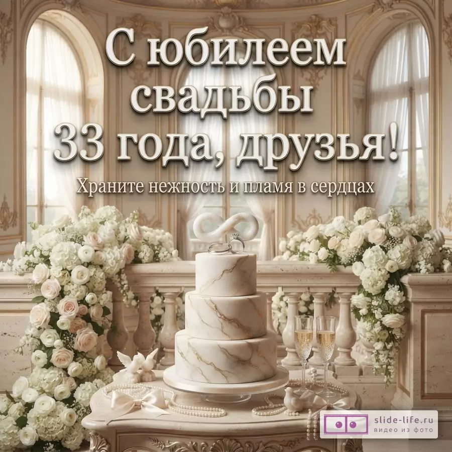 Бежевый фон, свадебный торт, цветы, бокалы. Текст: «С юбилеем свадьбы 33 года, друзья! Храните нежность и пламя в сердцах»