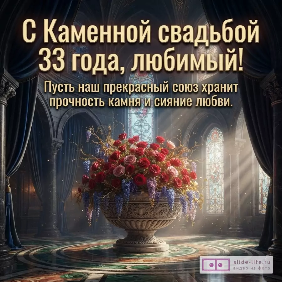 Темный фон, интерьер старинного замка с витражами. В центре большая ваза с красными и розовыми розами. Текст: «С Каменной свадьбой 33 года, любимый! Пусть наш прекрасный союз хранит прочность камня и сияние любви.»