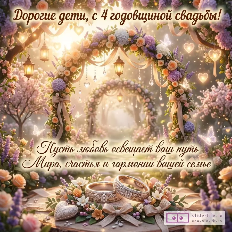 Золотисто-розовый фон, цветочные арки, фонари, сердца и кольца. «Дорогие дети, с 4 годовщиной свадьбы! Пусть любовь освещает ваш путь Мира, счастья и гармонии вашей семье»