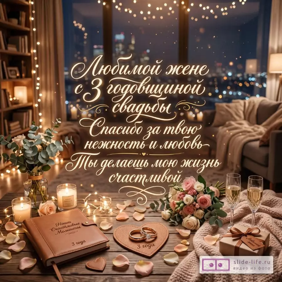 Теплый коричнево-бежевый фон, гостиная с гирляндами, свечами, букетом, бокалами, кольцами и кожаным альбомом; текст: «Любимой жене с 3 годовщиной свадьбы Спасибо за твою нежность и любовь».