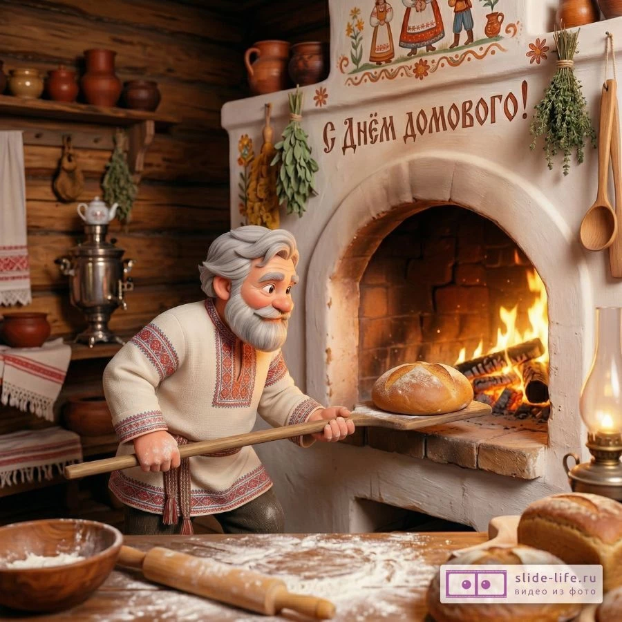 Поздравительная открытка с Днём домового — уютный домовой в избе