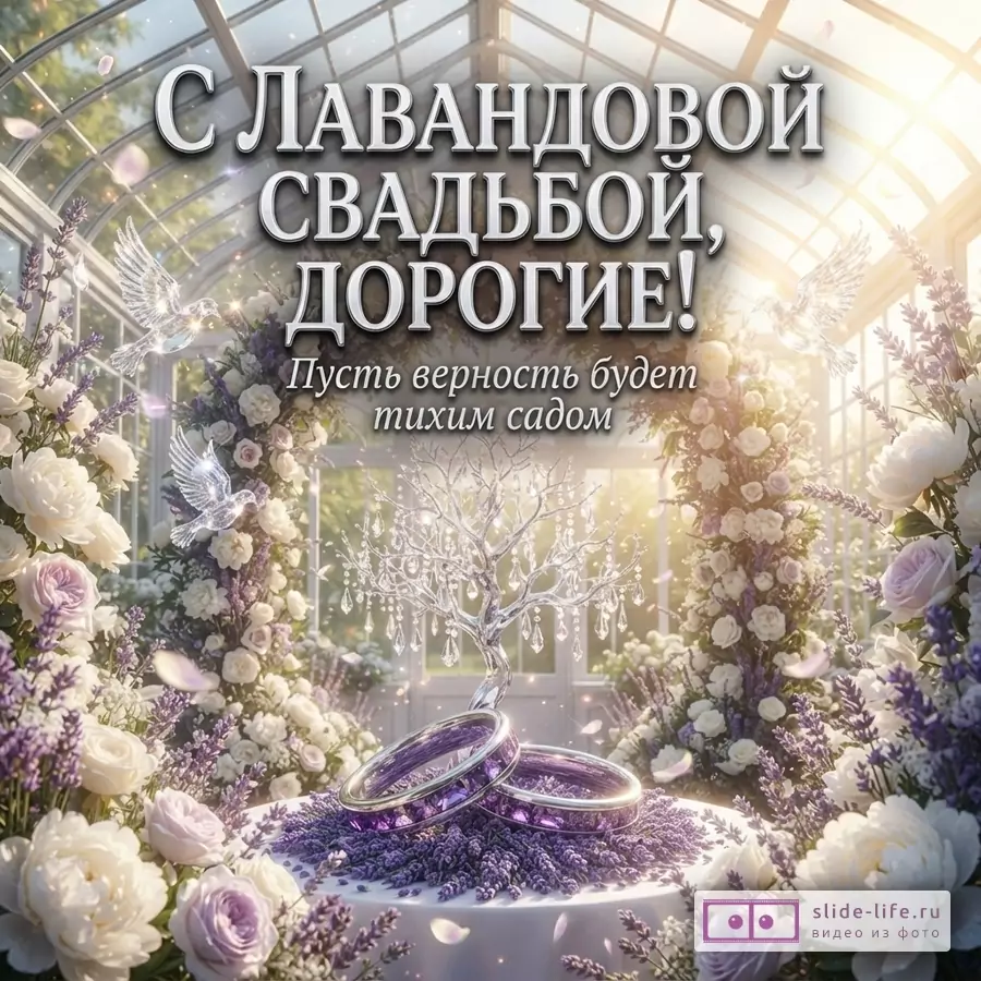 Открытка с лавандовыми и белыми цветами, двумя кольцами на лаванде, двумя голубями и хрустальным деревом. Текст: «С ЛАВАНДОВОЙ СВАДЬБОЙ, ДОРОГИЕ! Пусть верность будет тихим садом»