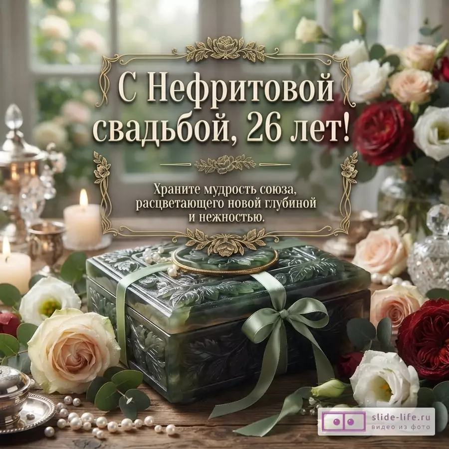 Цветочная открытка с зеленой шкатулкой, розами и свечами. Текст: «С Нефритовой свадьбой, 26 лет! Храните мудрость союза, расцветающего новой глубиной и нежностью.»