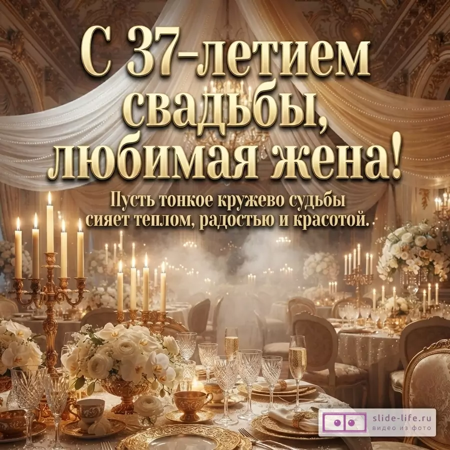 Золотой текст на фоне банкетного зала с накрытыми столами и свечами. Текст: «С 37-летием свадьбы, любимая жена! Пусть тонкое кружево судьбы сияет теплом, радостью и красотой.»